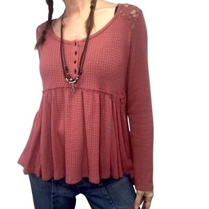 Buckle Babydoll Thermal Top Sz S Skylar & Jade Crochet Trim Prairie Cottagecore